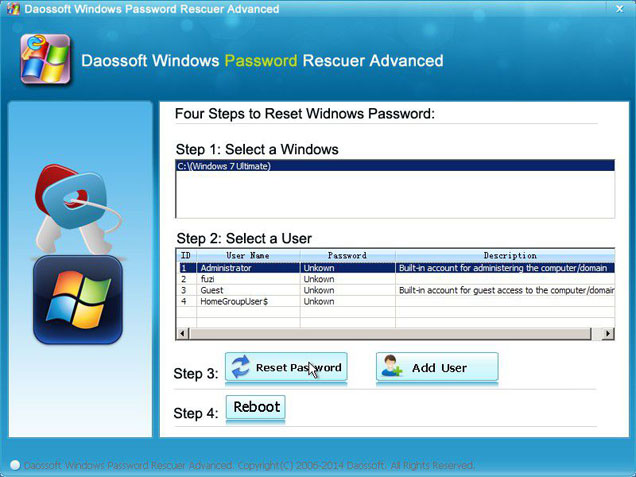 select windows user whose password you want to reset