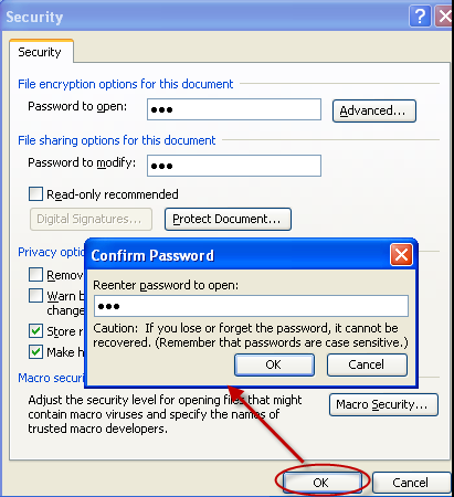 confirm open password