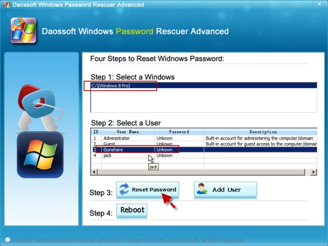 select the windows os and user and reset 