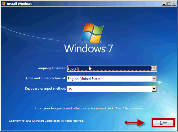 click next install windows 7