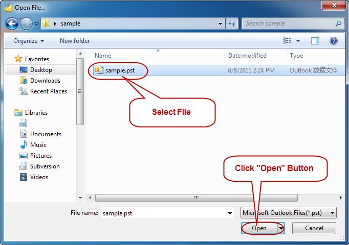 Select the Outlook 2007 File