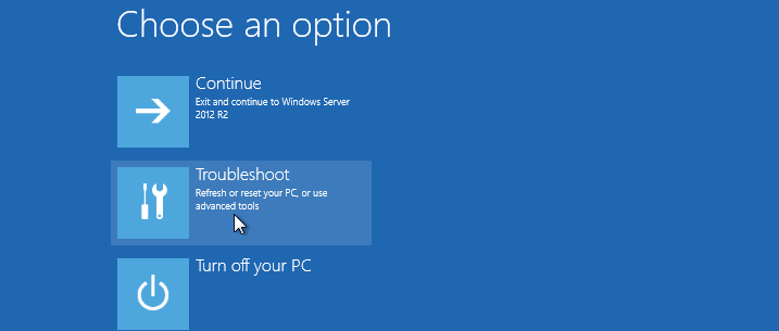 Choose an option", select Troubleshoot