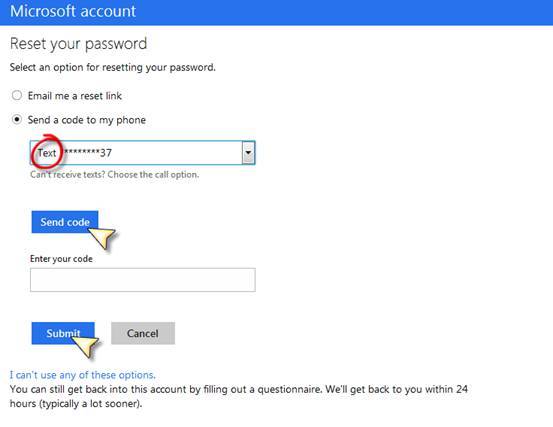 microsoft password reset using code