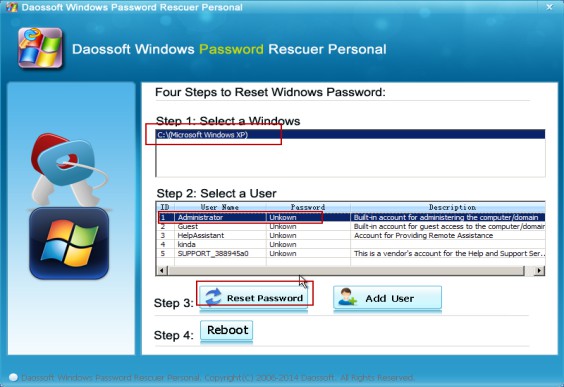 Select the Windows and user to reset