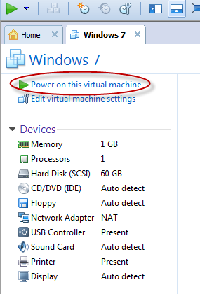 power on the virtual machine