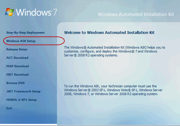 Select Windows AIK Setup