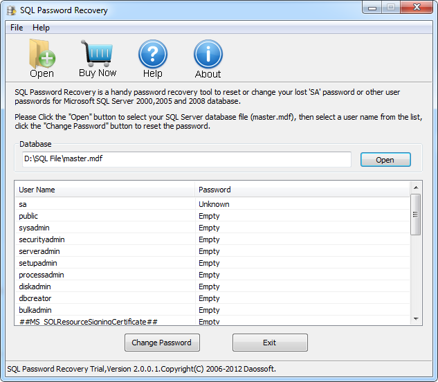 Click to view Daossoft SQL Password Recovery 4.0.0.1 screenshot
