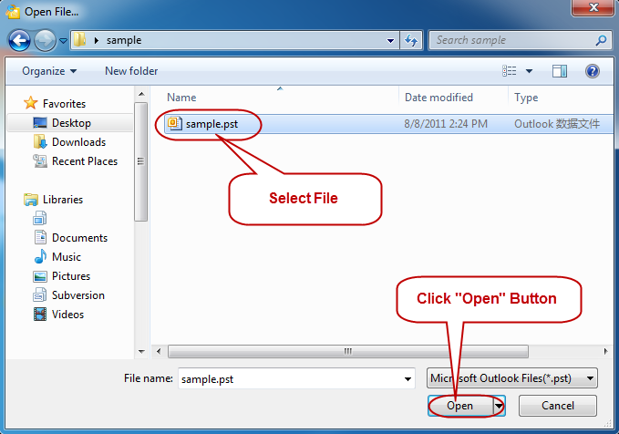 Select outlook file