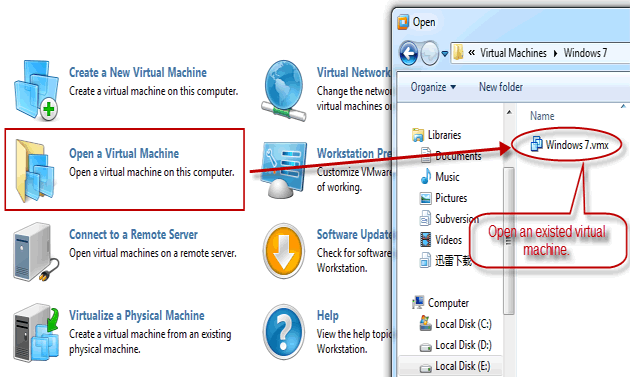 open a existed virtual machine