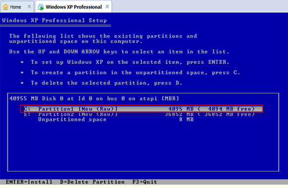 select a partition to set up